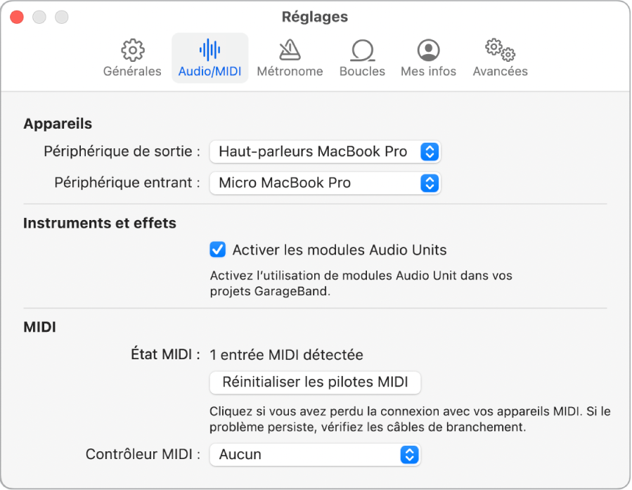 Sous-fenêtre Réglages Audio/MIDI.