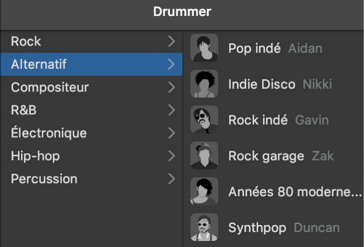 Sélection d’un genre dans l’éditeur Drummer.