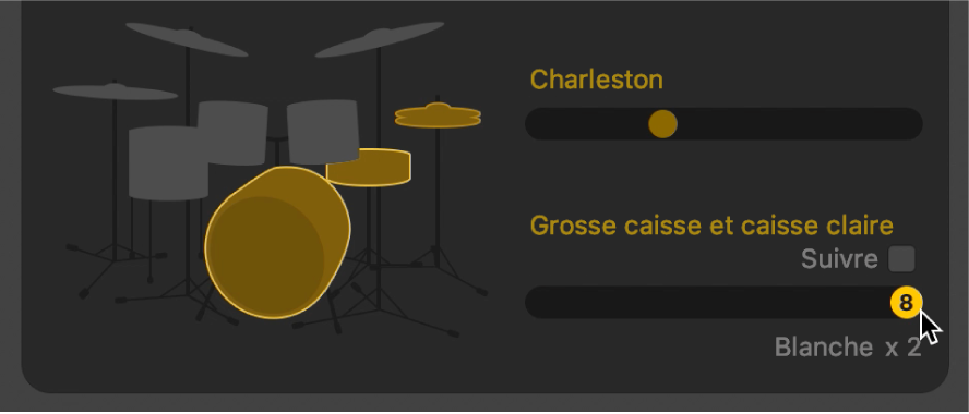 Variations avec réduction de moitié ou doublement du temps dans l’éditeur Drummer.