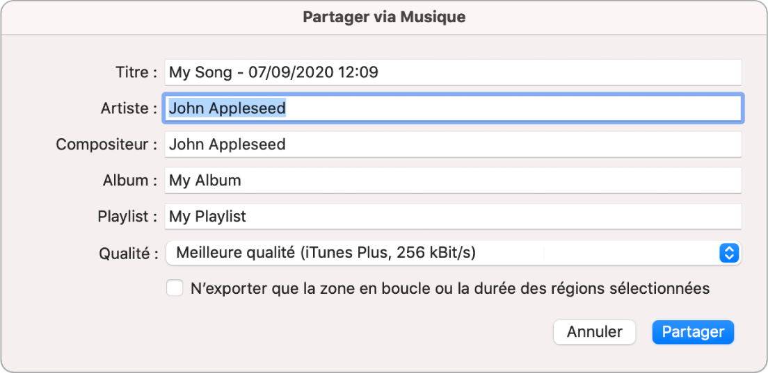 Zone de dialogue Partager via Musique.