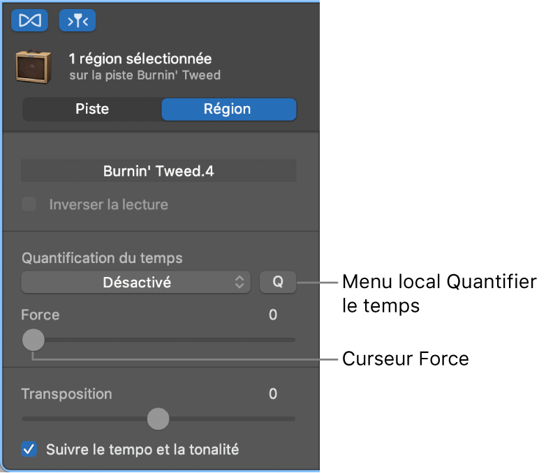 Menu local Quantification du temps et curseur Force dans l’inspecteur de l’éditeur audio.