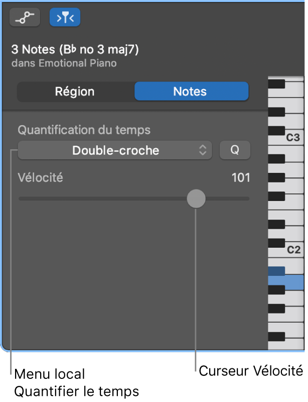 Commandes de l’inspecteur de l’éditeur de partition défilante en mode Notes.