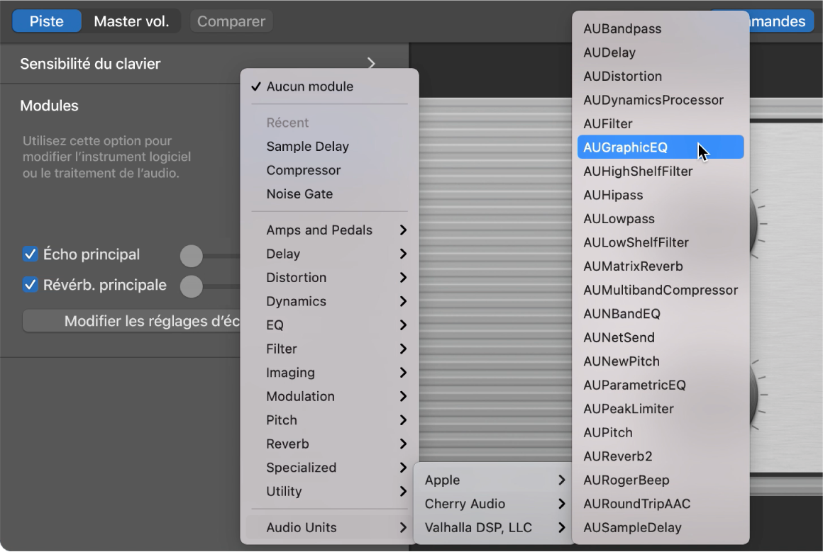 Sélection d’un module Audio Units dans le menu local Audio Units de la zone de modules.