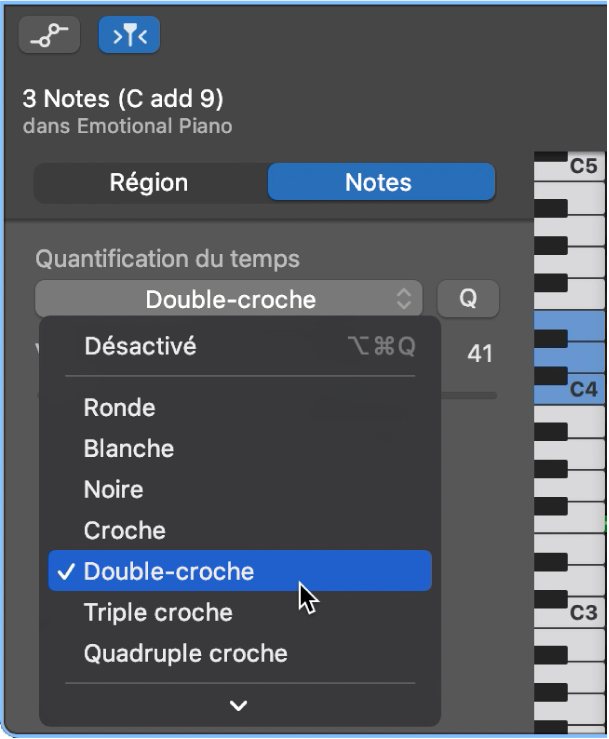 Sélection d’une valeur dans le menu local Quantification du temps dans l’inspecteur de l’éditeur de partition défilante.