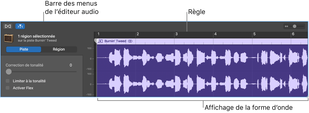 Éditeur audio avec une région sélectionnée.