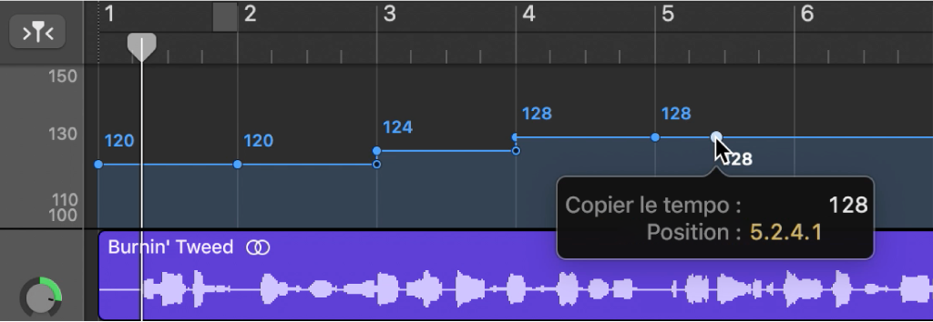 Copie d’un point de contrôle de tempo en le faisant glisser tout en maintenant la touche Option enfoncée dans la piste de tempo.