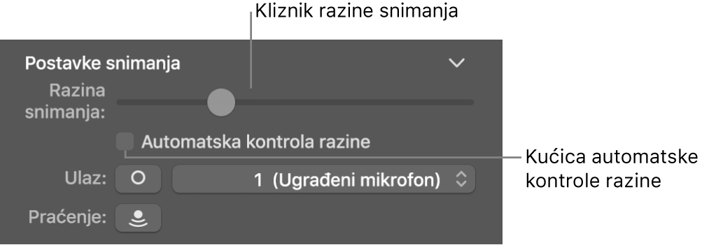 Kliznik razine snimanja i kućica Automatska kontrola razine u inspektoru Smart Controls.