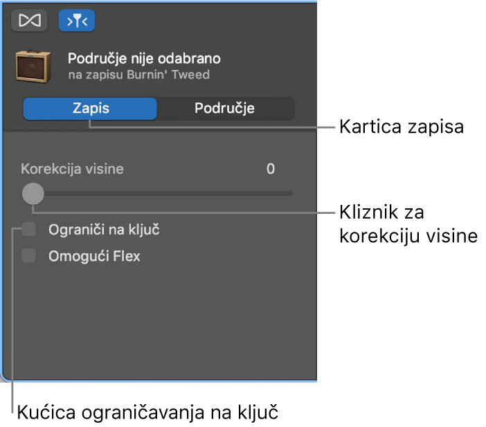 Inspektor Urednika zvuka u načinu zapisa, prikazuje kliznik Korekcija visine i kućicu Ograniči na ključ.