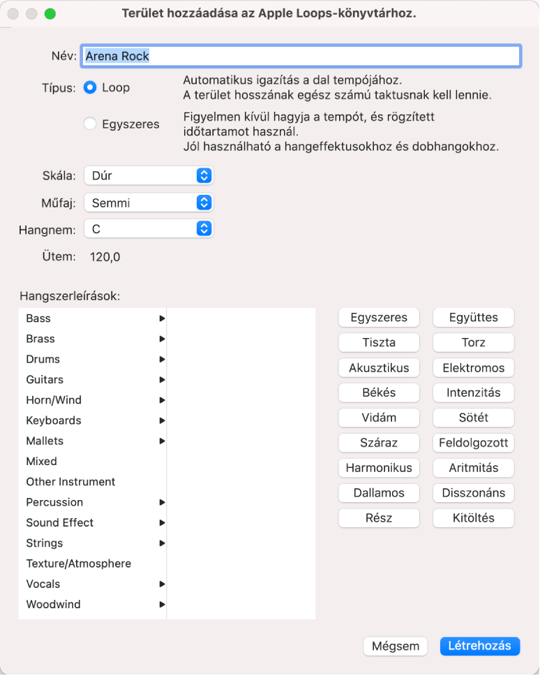 A Terület hozzáadása az Apple Loops-könyvtárhoz párbeszédablak