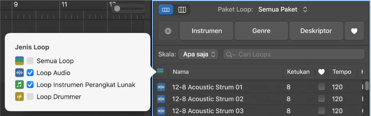 Menggunakan tombol Jenis Loop untuk memfilter jenis loop.