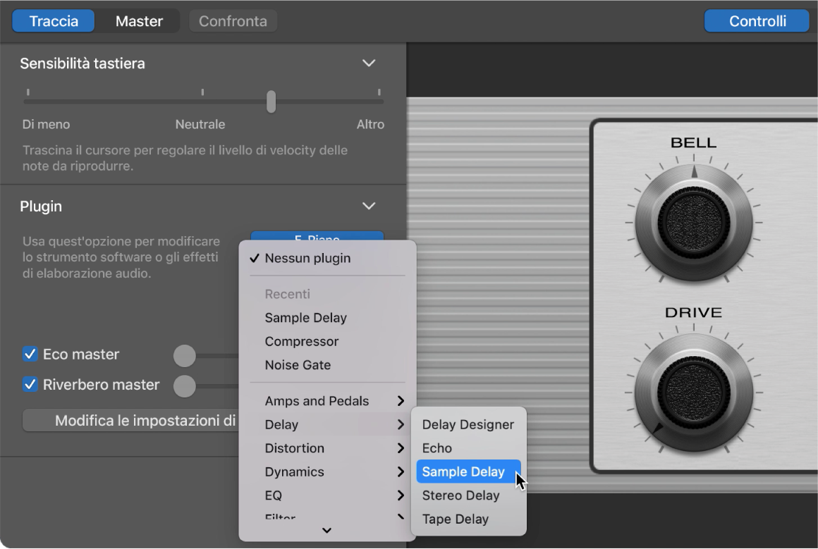 La scelta di un plugin dell’effetto dal menu di scelta rapida Plugin.