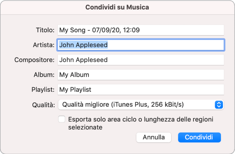 Finestra di dialogo “Condividi su Musica”.