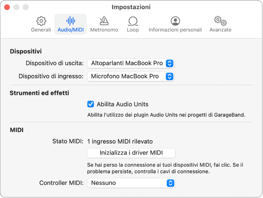 Il pannello delle impostazioni Audio/MIDI.