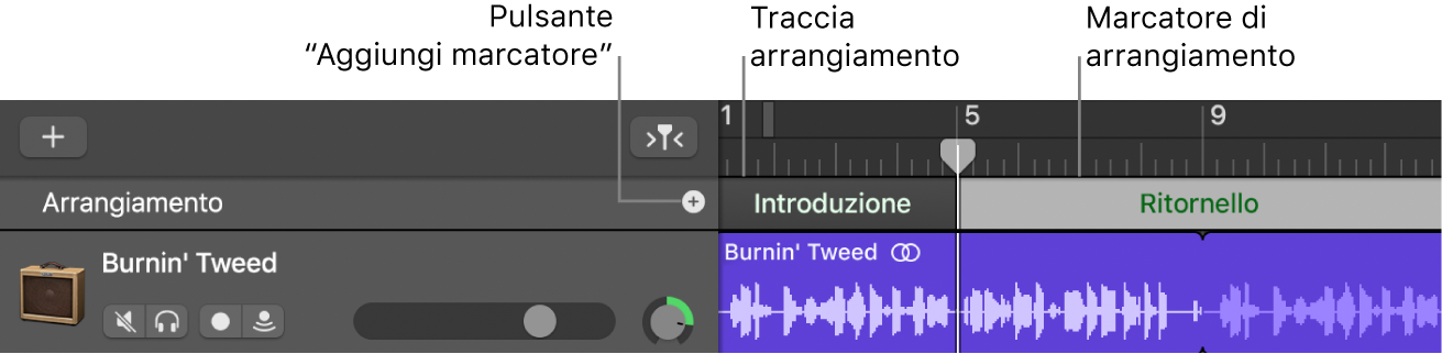 Traccia arrangiamento con pulsante “Aggiungi marcatore” e regione Arrangiamento.