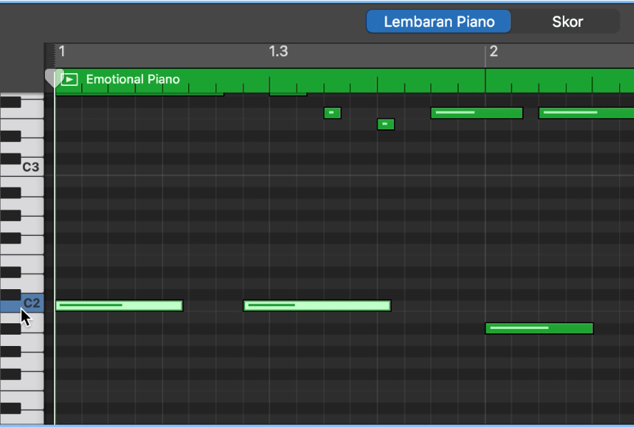 Memilih not dari pic yang sama dengan mengklik keyboard di pinggir kiri Editor Lembaran Piano.