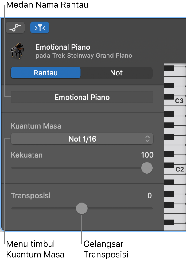 Pemeriksa Editor Lembaran Piano dalam mod Rantau, menunjukkan kawalan.