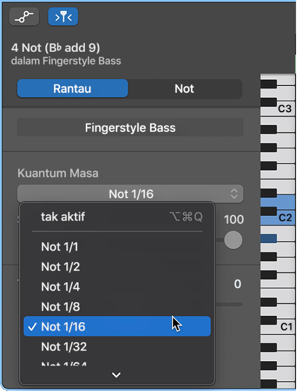 Memilih nilai dari menu timbul Kuantum Masa dalam pemeriksa Editor Lembaran Piano.