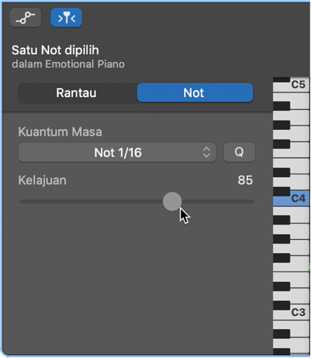 Mengedit kelajuan not dalam Editor Lembaran Piano.