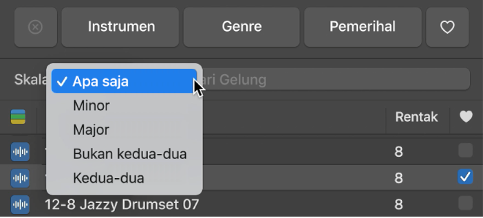 Menunjukkan menu timbul Skala terbuka dalam Pelayar Gelung.