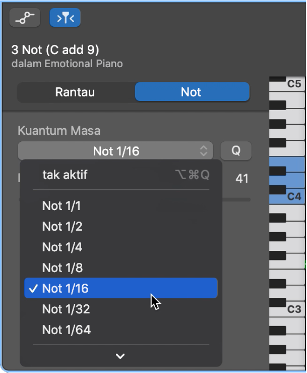 Memilih nilai dari menu timbul Kuantum Masa dalam pemeriksa Editor Lembaran Piano.