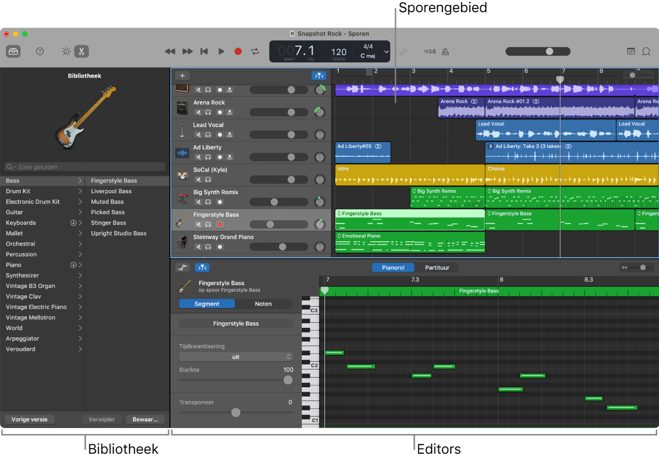 Het GarageBand-venster.