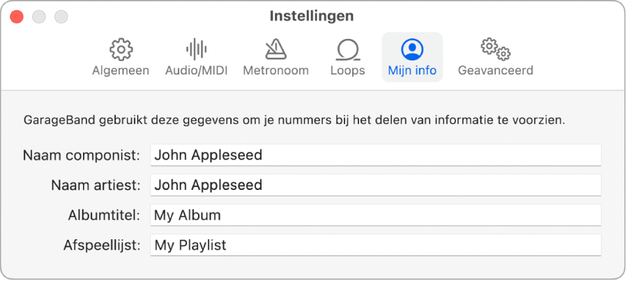 Instellingenpaneel 'Mijn info'.