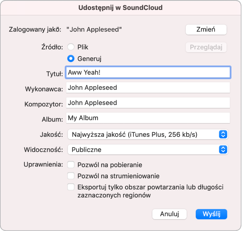 Okno dialogowe Udostępnij w SoundCloud.