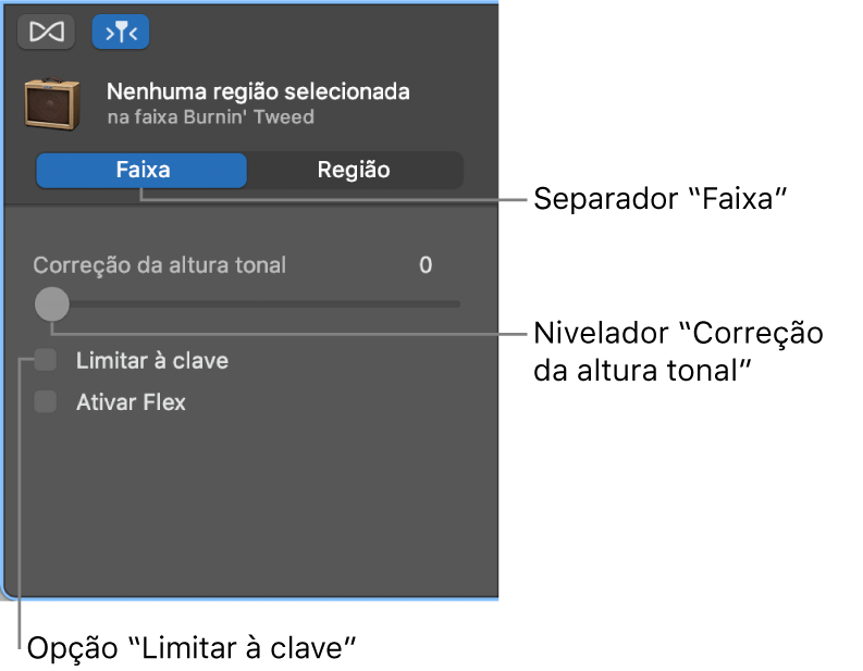 Inspetor do editor de áudio no modo Faixa, a ilustrar o nivelador “Correção da altura tonal” e a opção “Limitar à clave”.