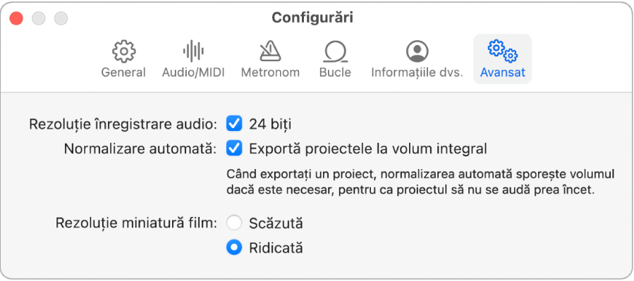 Panoul Configurări Avansat.