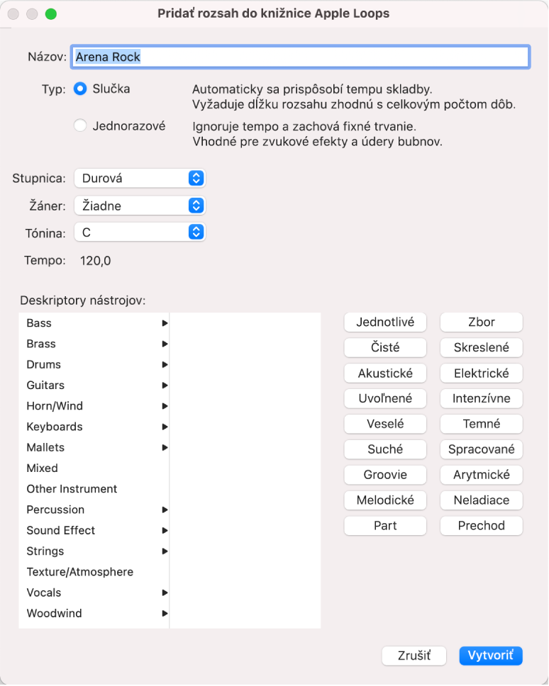 Dialógové okno Pridať rozsah do knižnice Apple Loops.