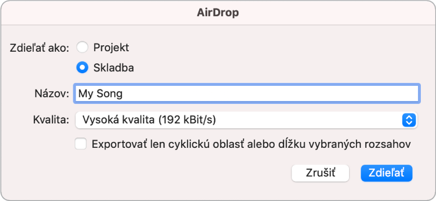 Dialógové okno AirDrop.