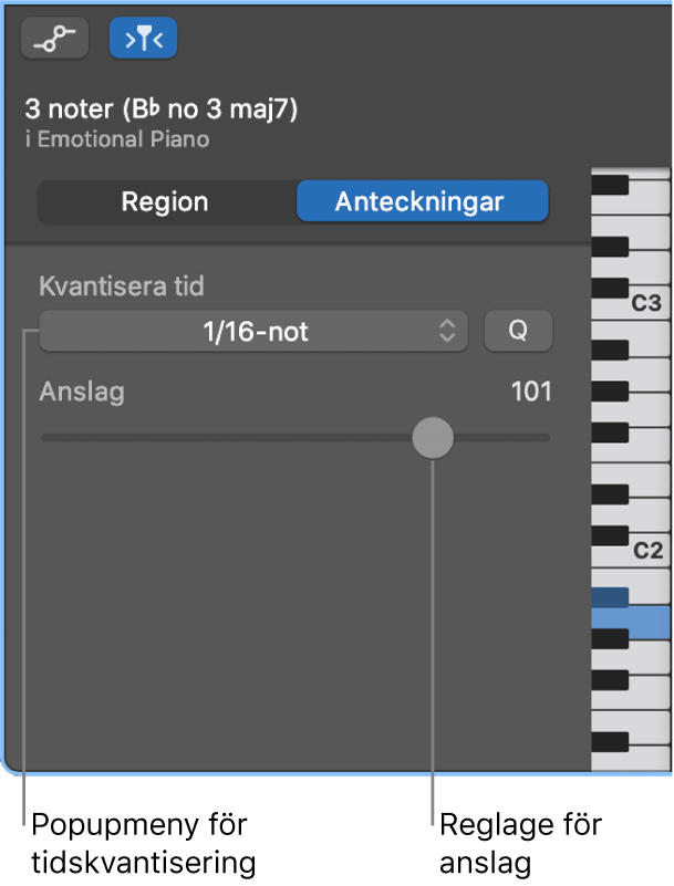 Pianorulleredigerarens granskare i notläge, med reglage.