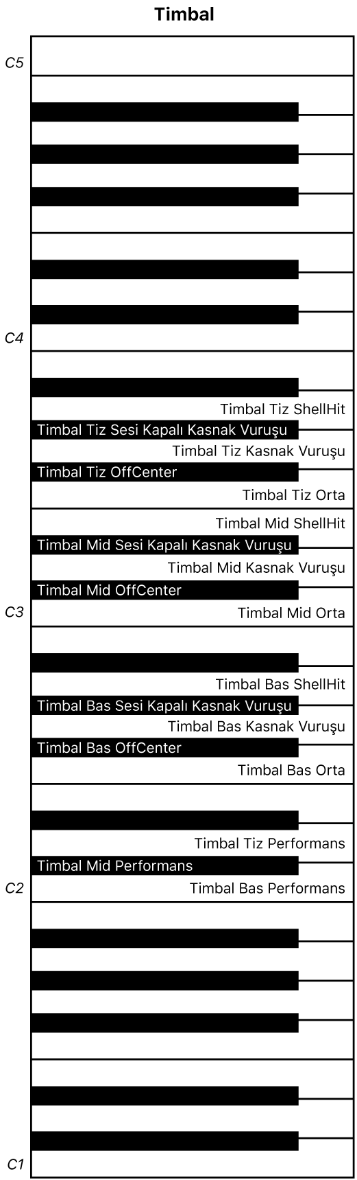 Şekil. Timbales performans klavyesi haritası.