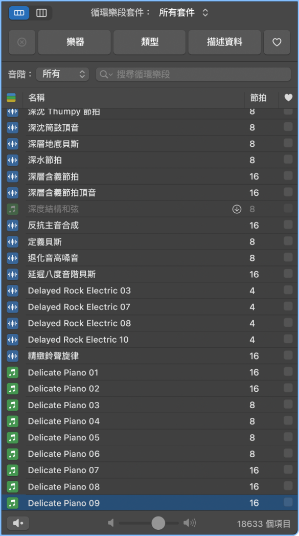 「循環樂段瀏覽器」顯示方式。