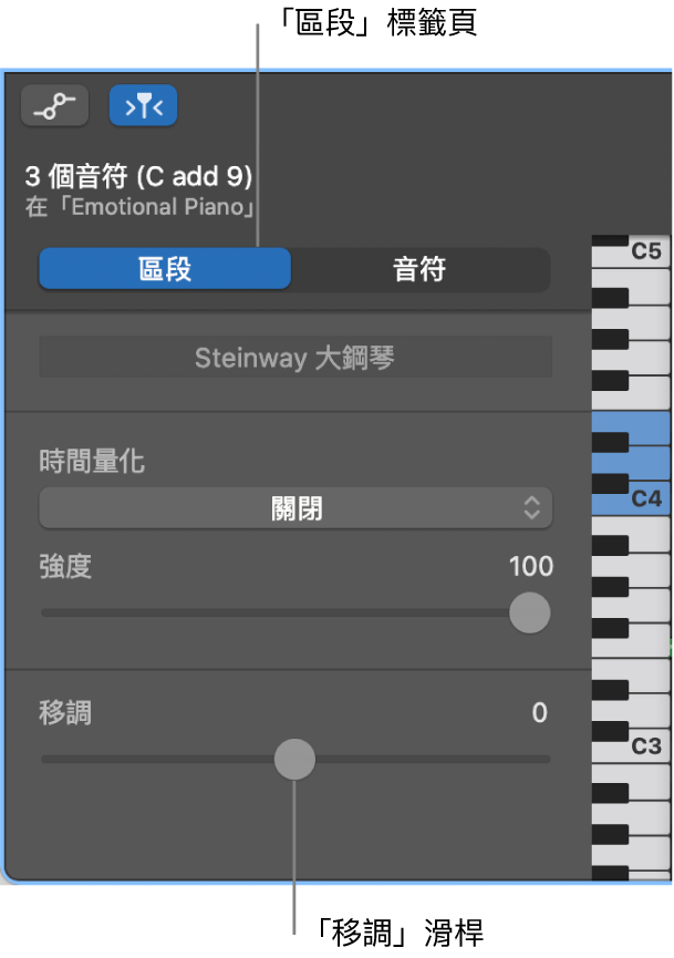 「鋼琴捲簾編輯器」檢閱器，顯示「區段」按鈕和「移調」滑桿。