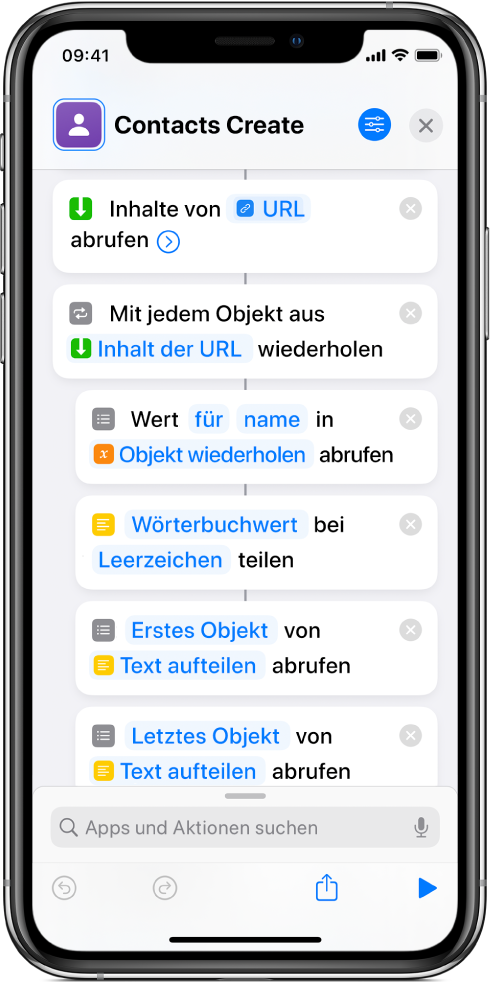 Ein Kurzbefehl zeigt die Aktionen „Text aufteilen“.