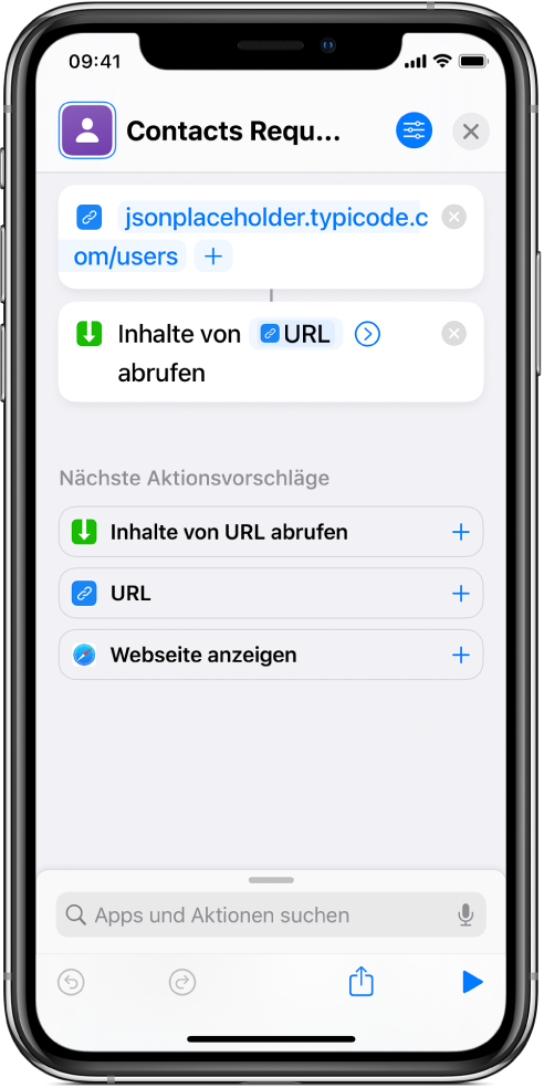 Eine API-Anforderung mit einer URL-Aktion, die auf den API-Endpunkt verweist, gefolgt von einer Aktion „Inhalte von URL abrufen“.