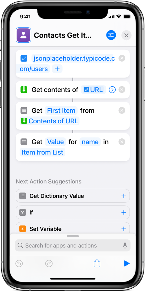 Get Dictionary Value action in the shortcut editor with the key set to name.