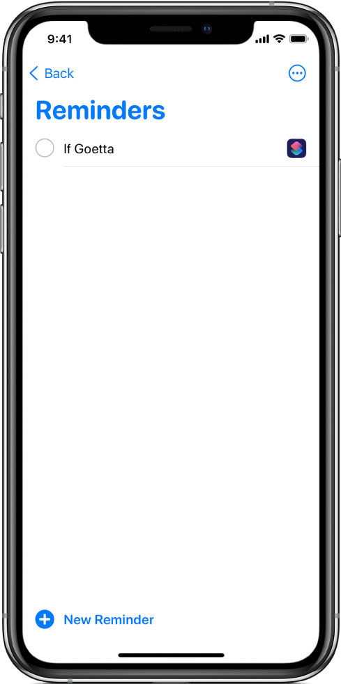 Reminders app showing the new shortcut reminder.