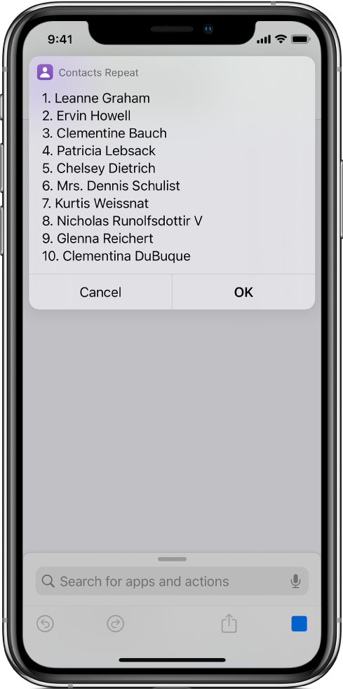 The result of a shortcut showing a list of users.