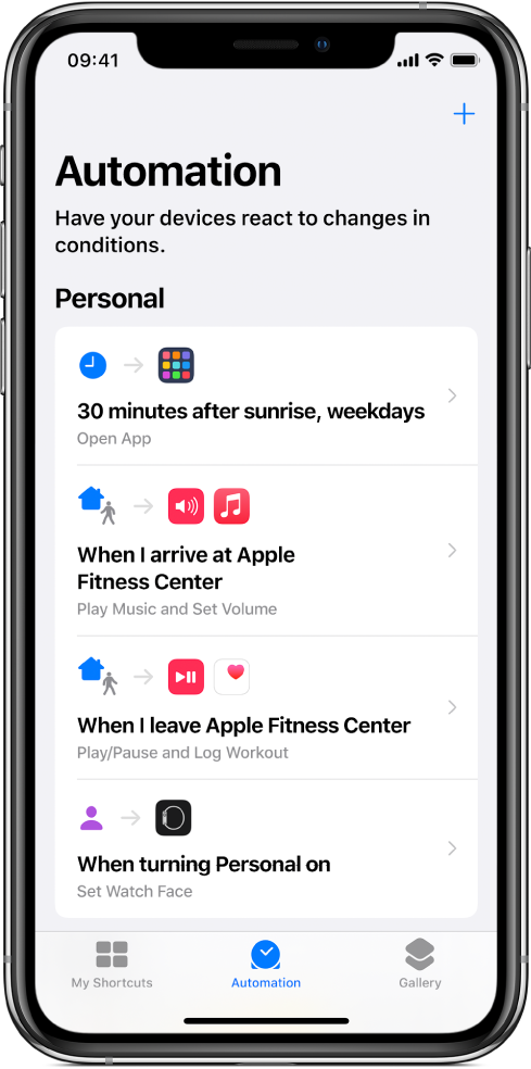 Personal automation list in Shortcuts.