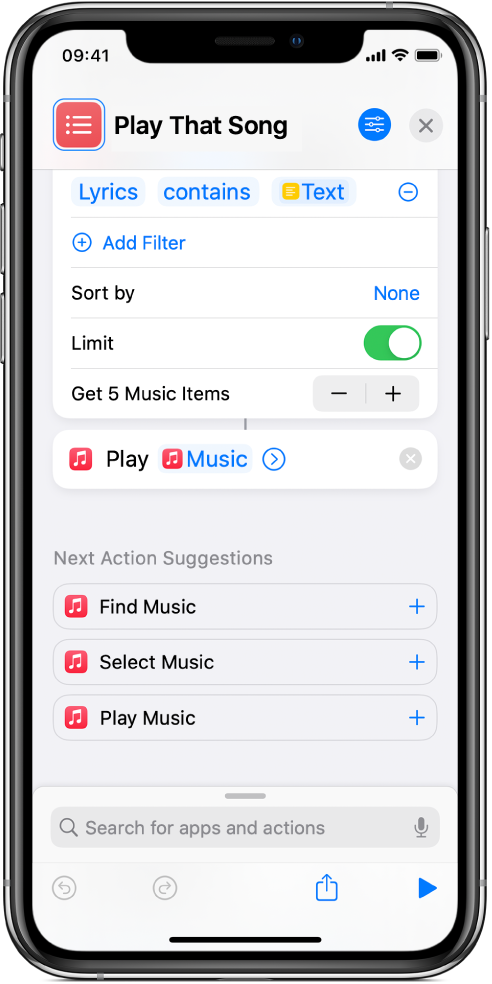 Ask Each Time variable replacing the Repeat parameters in the Play Music action in the shortcut editor.