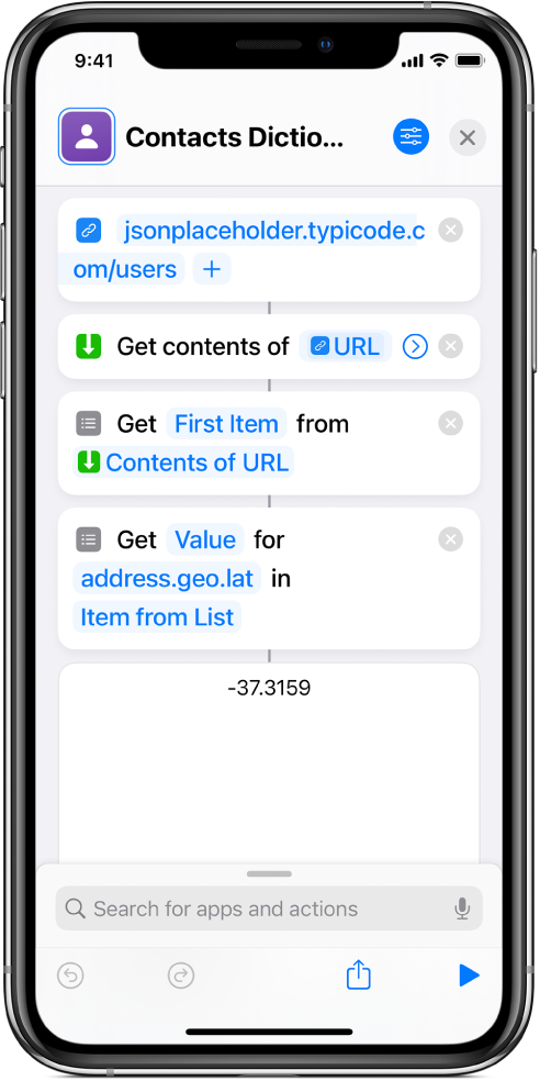 Get Dictionary Value action in the shortcut editor with the key set to address.geo.lat.