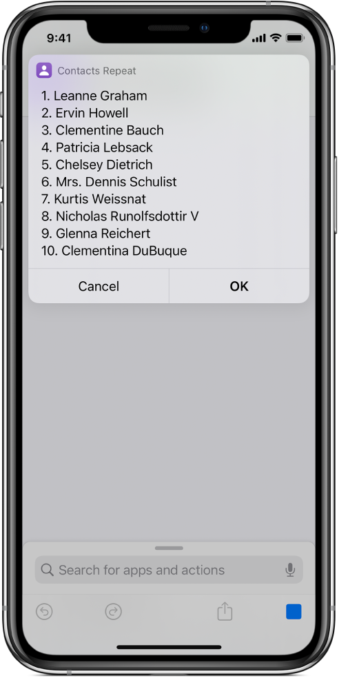 The result of a shortcut showing a list of users.