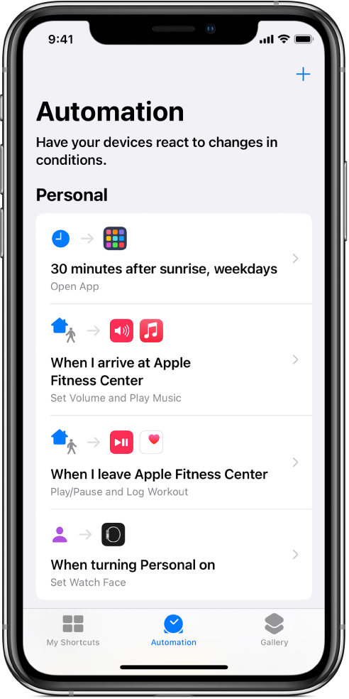 Personal automation list in Shortcuts.