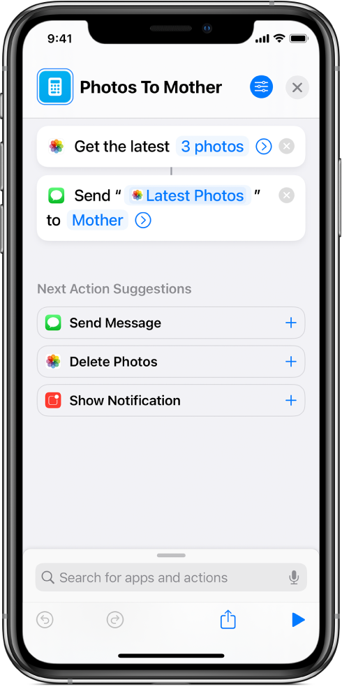 Shortcut containing a Get Latest Photos action and a Send Message action.