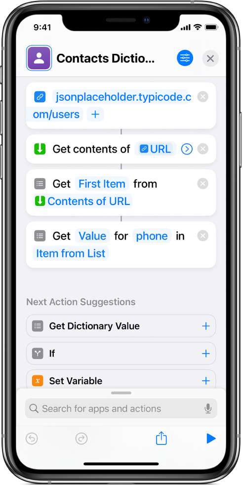 Get Dictionary Value action in the shortcut editor with the key set to phone.