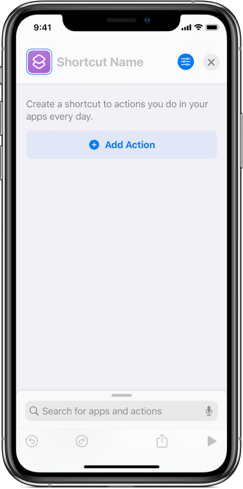 Empty shortcut editor on an iPhone.