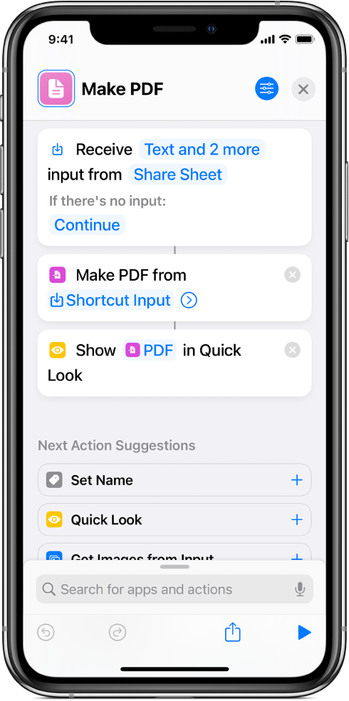 Shortcut editor showing vertical line connecting actions.