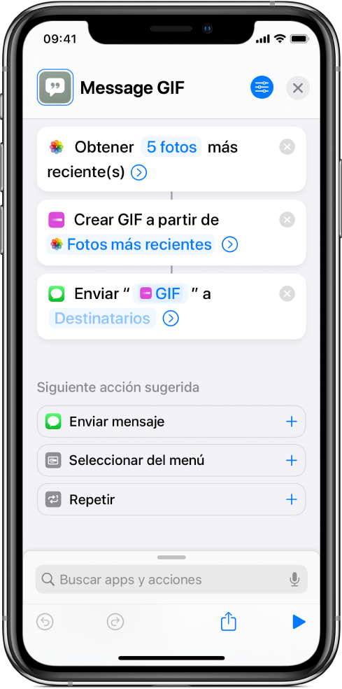 El editor de atajos mostrando acciones para enviar un mensaje con fotos como una imagen GIF animada.